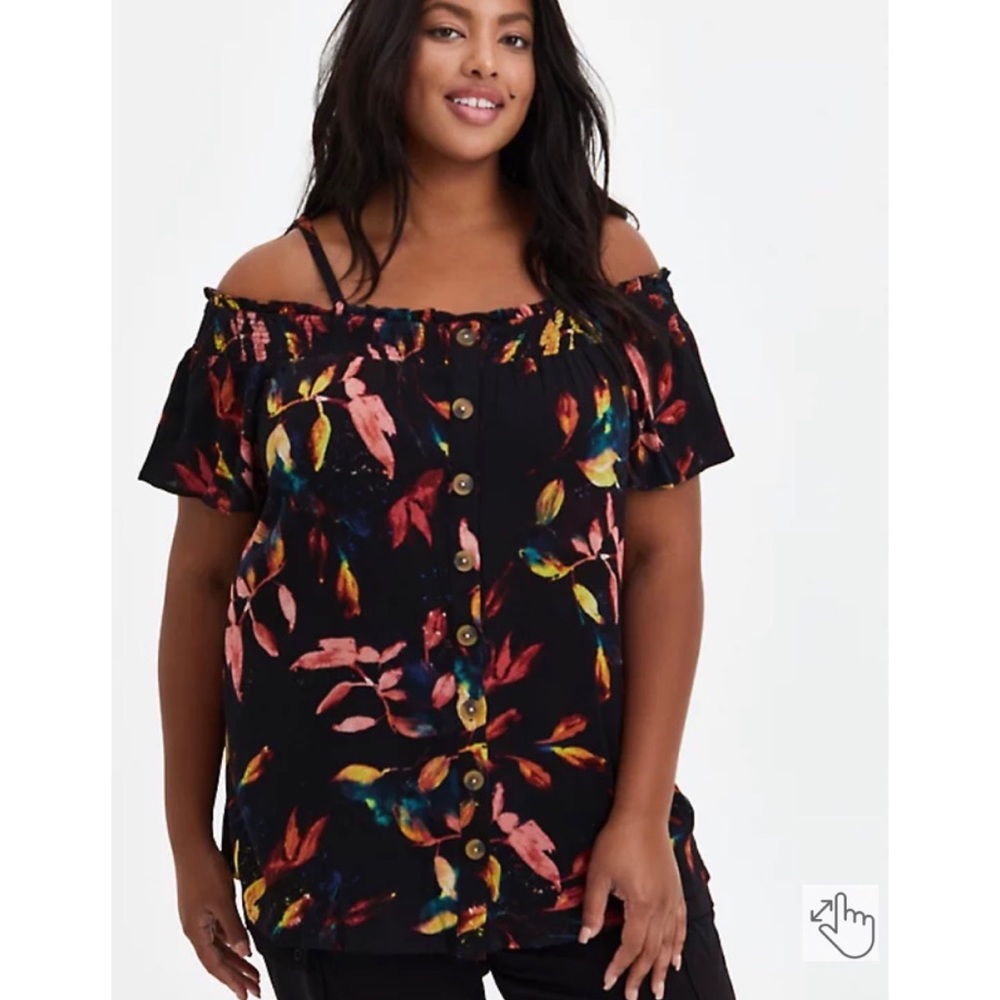NWT TORRID Black Smocked Cold Shoulder Leaf Print - Picture 2 of 7